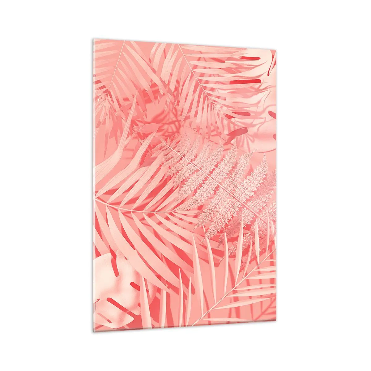Quadro su vetro - Foglie tropicali rosa in una composizione moderna - 50x70cm - Concetto rosa - Decorazione murale moderna per soggiorno e camera da letto ARTTOR