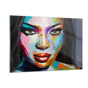 Quadro su vetro - Un ritratto colorato di una donna in uno stile distintivo - 120x80cm - Non si può staccare lo sguardo - Decorazione murale moderna per soggiorno e camera da letto ARTTOR