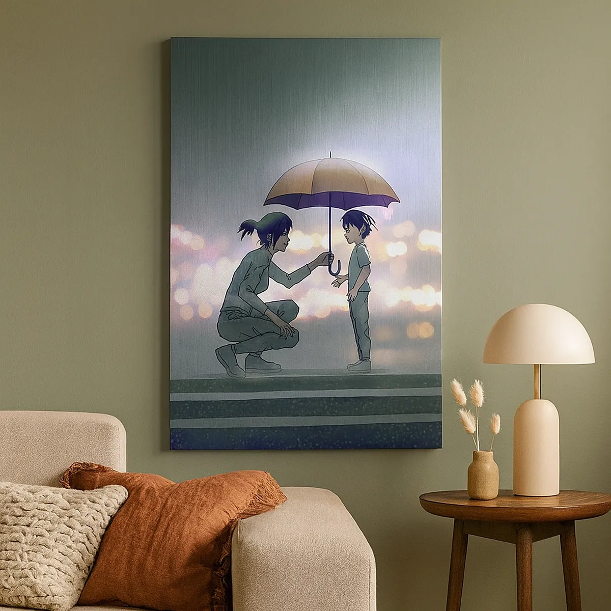 Quadro su tela - Stampe su Tela - Una figura con un ombrello che protegge un bambino sullo sfondo delle luci notturne. - 50x70cm - E già tutto va bene - Decorazione murale moderna per soggiorno e camera da letto ARTTOR