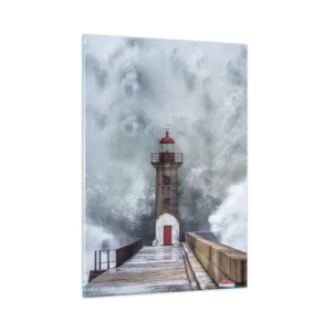 Quadro su vetro - Un faro viene colpito da un'onda potente. - 50x70cm - Fragore delle acque, rumore di tempesta - Decorazione murale moderna per soggiorno e camera da letto ARTTOR
