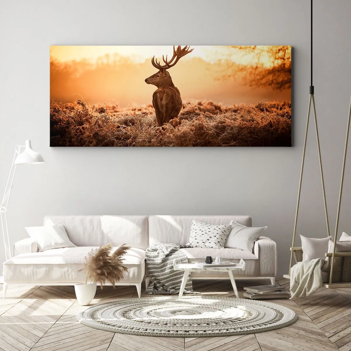 Quadro su tela - Stampe su Tela - Cervo nei raggi del sole nascente - 140x50cm - Il signore sulle sue terre - Decorazione murale moderna per soggiorno e camera da letto ARTTOR