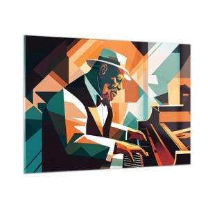 Quadro su vetro - Un ritratto colorato di un pianista in stile jazz - 100x70cm - Tutto il jazz - Decorazione murale moderna per soggiorno e camera da letto ARTTOR