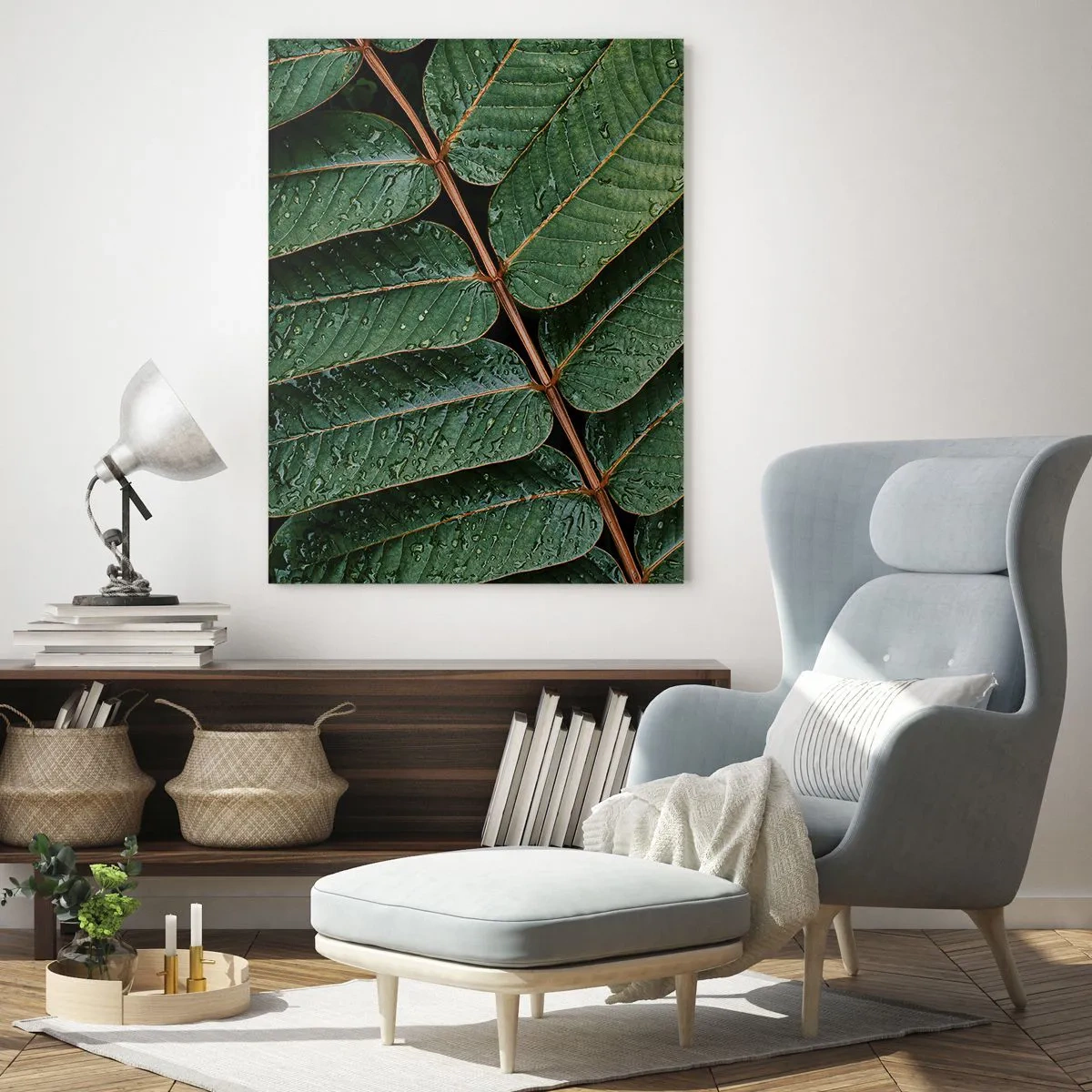 Quadro su vetro - Macro di foglie verdi con gocce di rugiada - 70x100cm - Al ritmo verde - Decorazione murale moderna per soggiorno e camera da letto ARTTOR