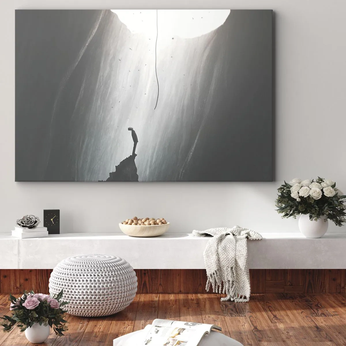 Quadro su tela - Stampe su Tela - Sagoma di un uomo sul pavimento di una grotta con vista sulla luce - 100x70cm - C'è sempre una via d'uscita - Decorazione murale moderna per soggiorno e camera da letto ARTTOR