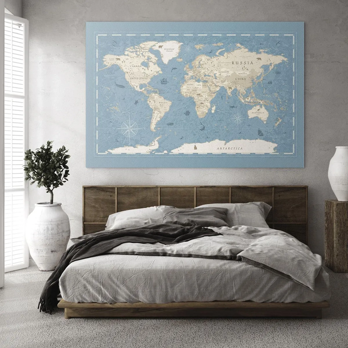 Quadro su vetro - Mappa del mondo stilizzata su sfondo blu - 70x50cm - Il mondo a portata di mano - Decorazione murale moderna per soggiorno e camera da letto ARTTOR