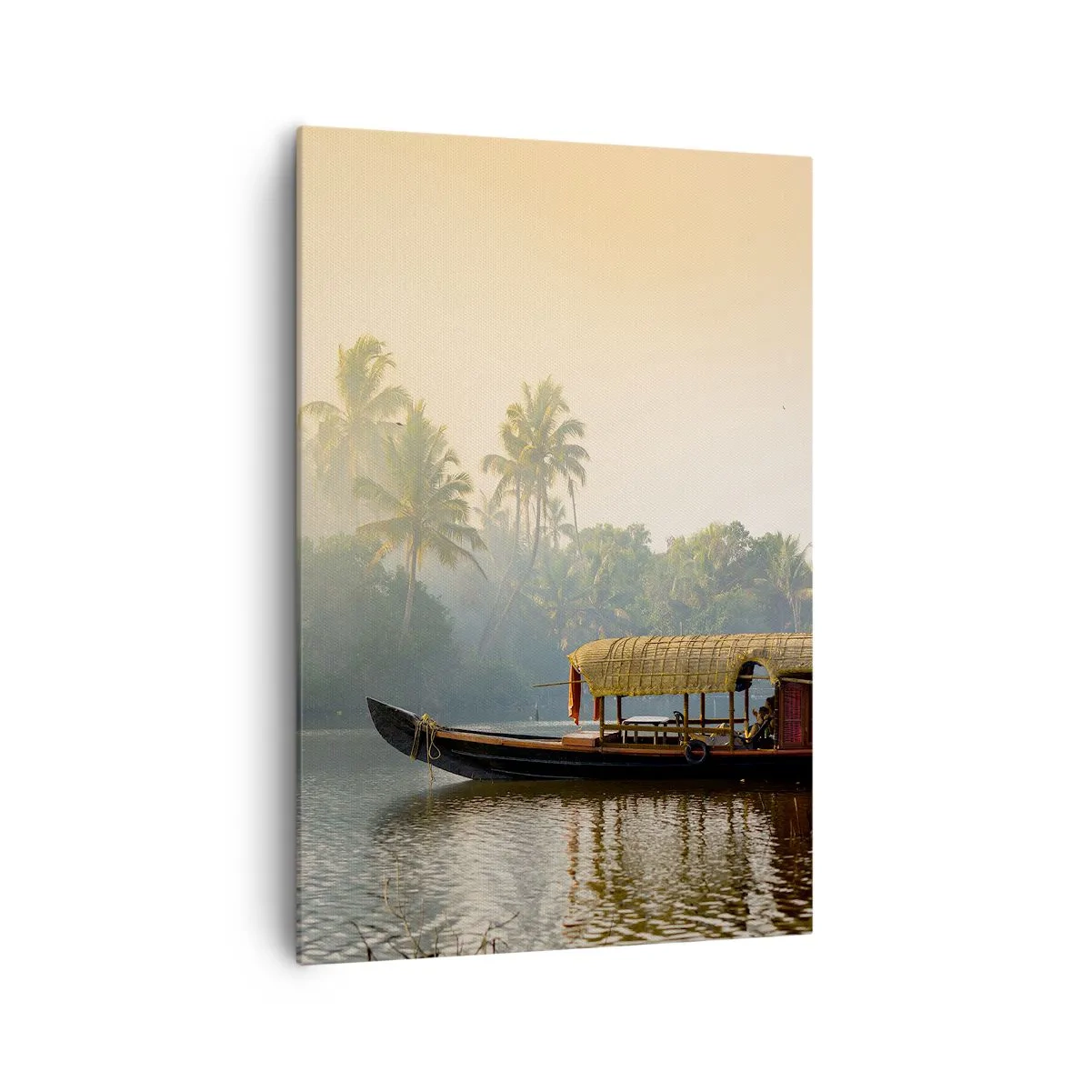 Quadro su tela - Stampe su Tela - Una barca tradizionale su un fiume calmo tra le palme - 70x100cm - Casa sul fiume - Decorazione murale moderna per soggiorno e camera da letto ARTTOR