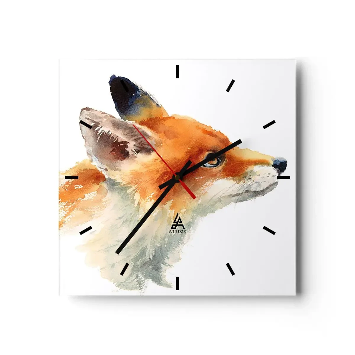 Orologio da parete - Orologio in Vetro - Volpe rossa in stile acquerello su sfondo bianco - 30x30cm - La prudenza non è mai troppa - Decorazione murale moderna per soggiorno e camera da letto ARTTOR