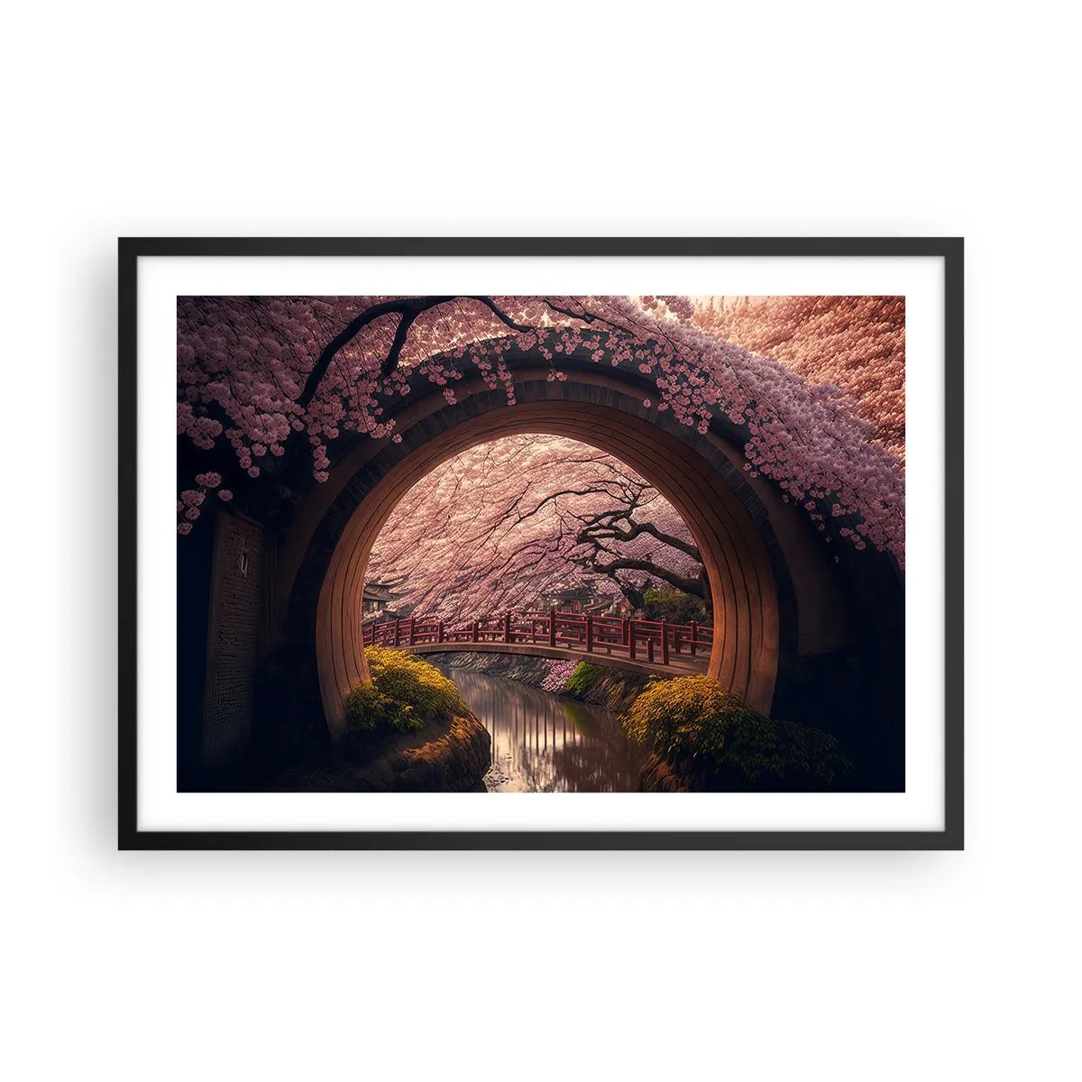 Poster in cornice nera - Un ponte tradizionale giapponese circondato da fiori di ciliegio - 70x50cm - Primavera giapponese - Decorazione murale moderna per soggiorno e camera da letto ARTTOR