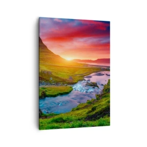 Quadro su tela - Stampe su Tela - Cascata pittoresca e montagna al tramonto - 50x70cm - Islanda: acqua e fuoco - Decorazione murale moderna per soggiorno e camera da letto ARTTOR