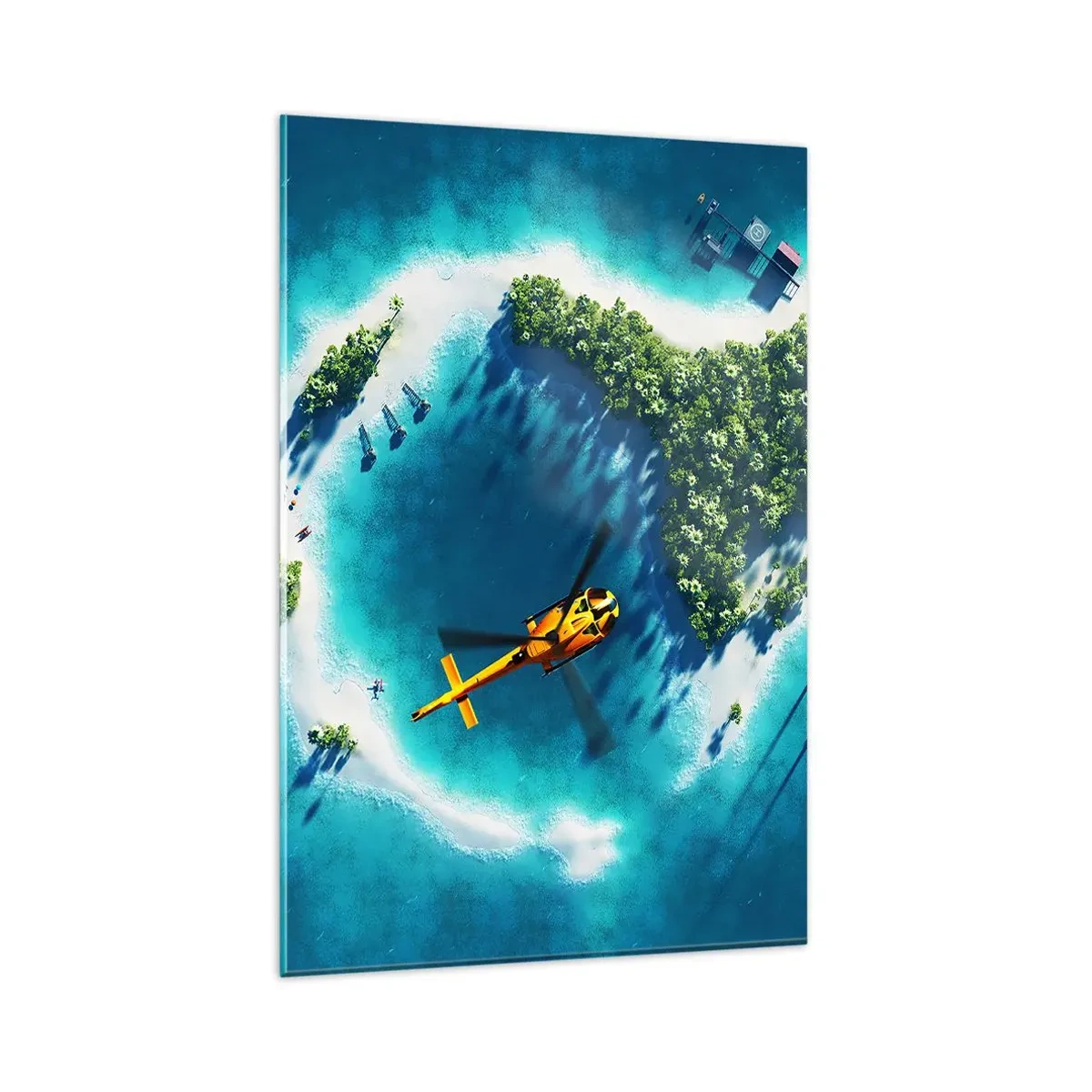 Quadro su vetro - Un'isola tropicale circondata da acque turchesi con un elicottero in vista - 80x120cm - Comprati un'isola - Decorazione murale moderna per soggiorno e camera da letto ARTTOR