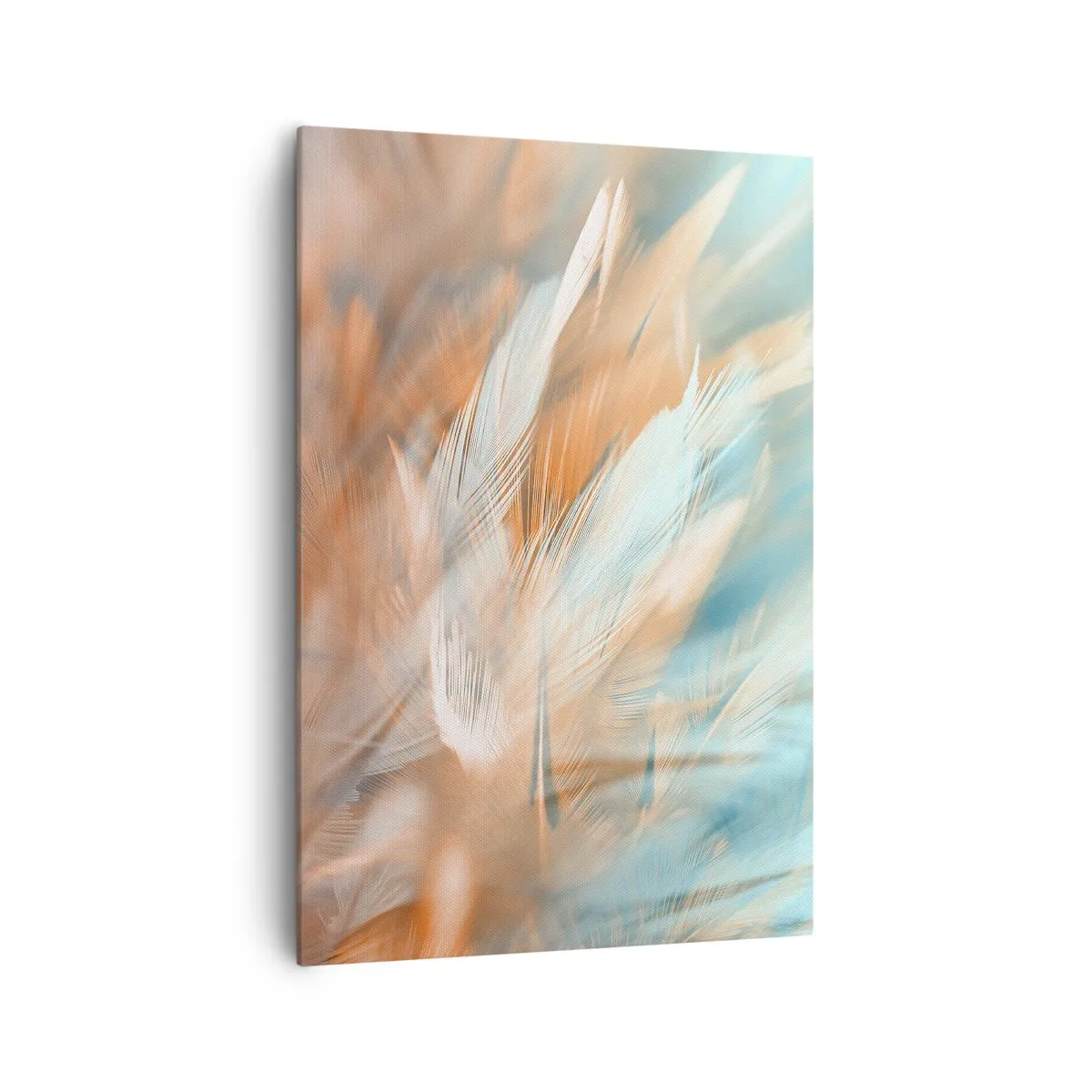 Quadro su tela - Stampe su Tela - Delicate piume nei toni pastello del blu e dell'arancione - 70x100cm - Nel paese della mitezza - Decorazione murale moderna per soggiorno e camera da letto ARTTOR