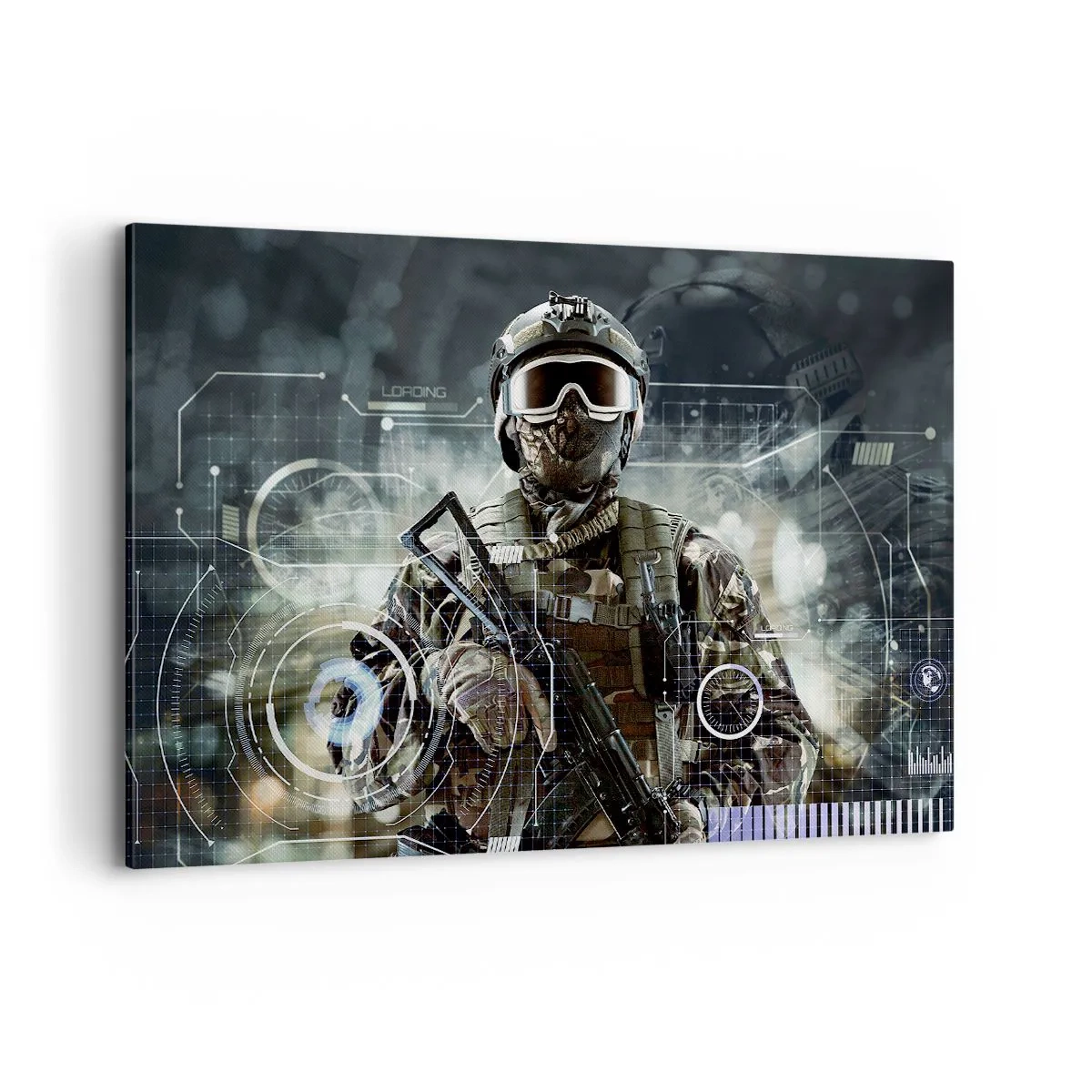Quadro su tela - Stampe su Tela - Un soldato con un casco futuristico e una pistola sullo sfondo della tecnologia. - 120x80cm - Potenza al quadrato - Decorazione murale moderna per soggiorno e camera da letto ARTTOR