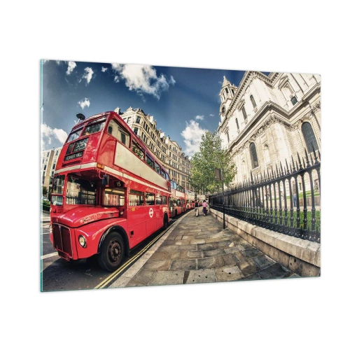 Quadro su vetro - Un autobus rosso a due piani in un contesto urbano - 100x70cm - Via di Londra in grigio e rosso - Decorazione murale moderna per soggiorno e camera da letto ARTTOR