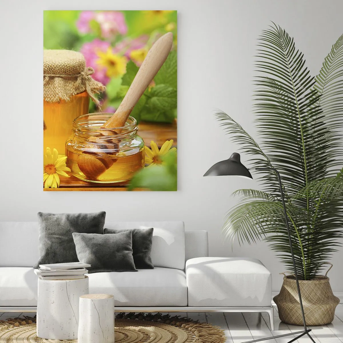 Quadro su vetro - Vasetti di miele con fiori sullo sfondo di un giardino estivo - 70x100cm - Dolce miele di fiori - Decorazione murale moderna per soggiorno e camera da letto ARTTOR