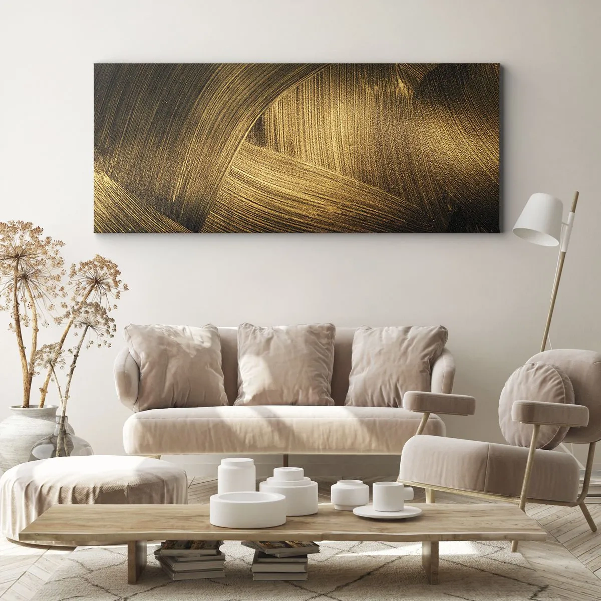 Quadro su tela - Stampe su Tela - Pennellate astratte dorate - 140x50cm - Nel labirinto d'oro - Decorazione murale moderna per soggiorno e camera da letto ARTTOR