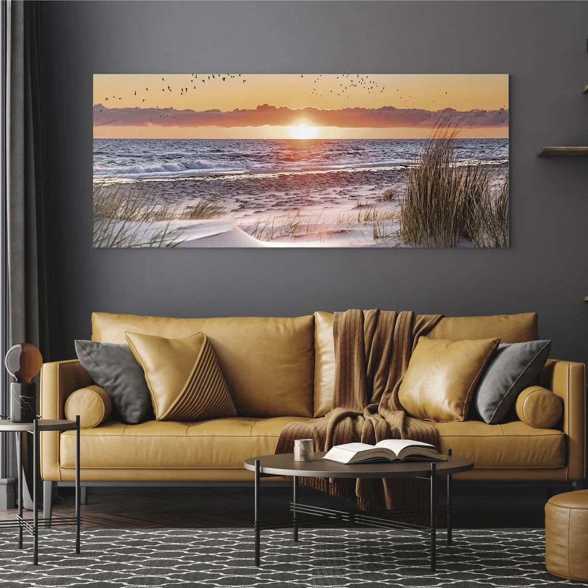 Quadro su vetro - Tramonto sul mare con vista sulle dune - 160x50cm - Paesaggio orizzontale - Decorazione murale moderna per soggiorno e camera da letto ARTTOR