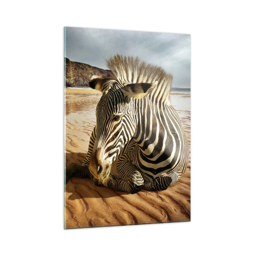 Quadro su vetro - Una zebra che riposa sulla spiaggia al tramonto - 50x70cm - Fatti l'uno per l'altra - Decorazione murale moderna per soggiorno e camera da letto ARTTOR