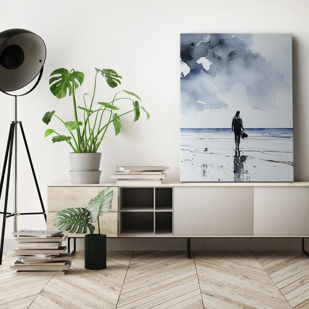 Quadro su tela - Stampe su Tela - Una figura su una spiaggia in un ambiente marino calmo - 50x70cm - Dialogo con il mare - Decorazione murale moderna per soggiorno e camera da letto ARTTOR