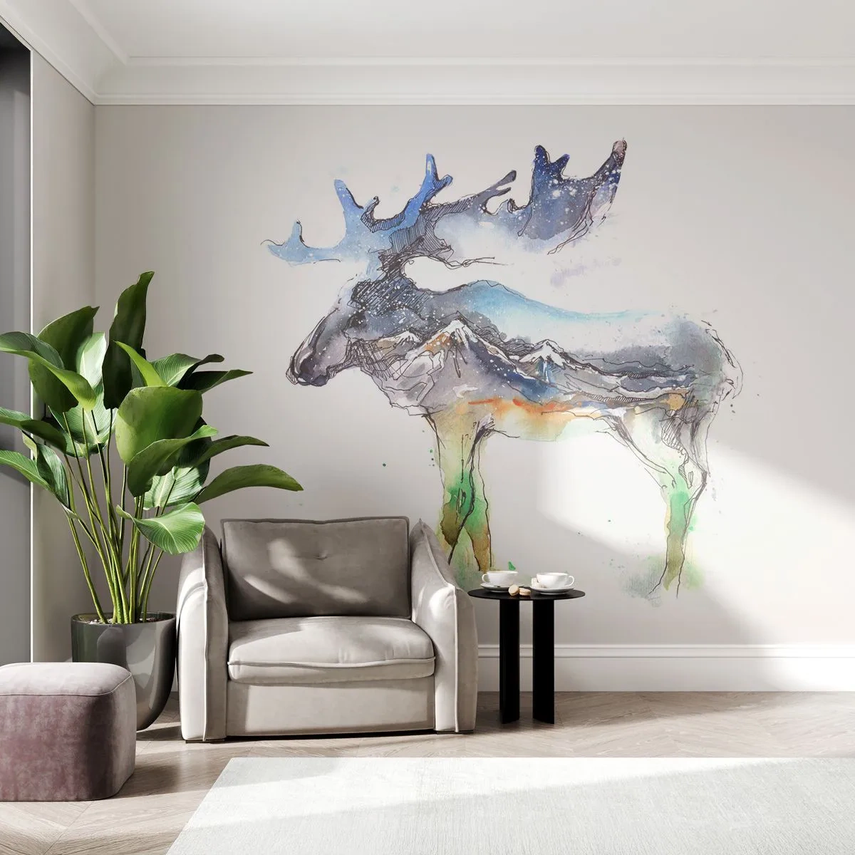 Fotomurali Premium Canvas - Sagoma ad acquerello di un alce con un paesaggio montano - 100x70cm - Il protagonista dei racconti invernali - Decorazione murale moderna per soggiorno e camera da letto ARTTOR