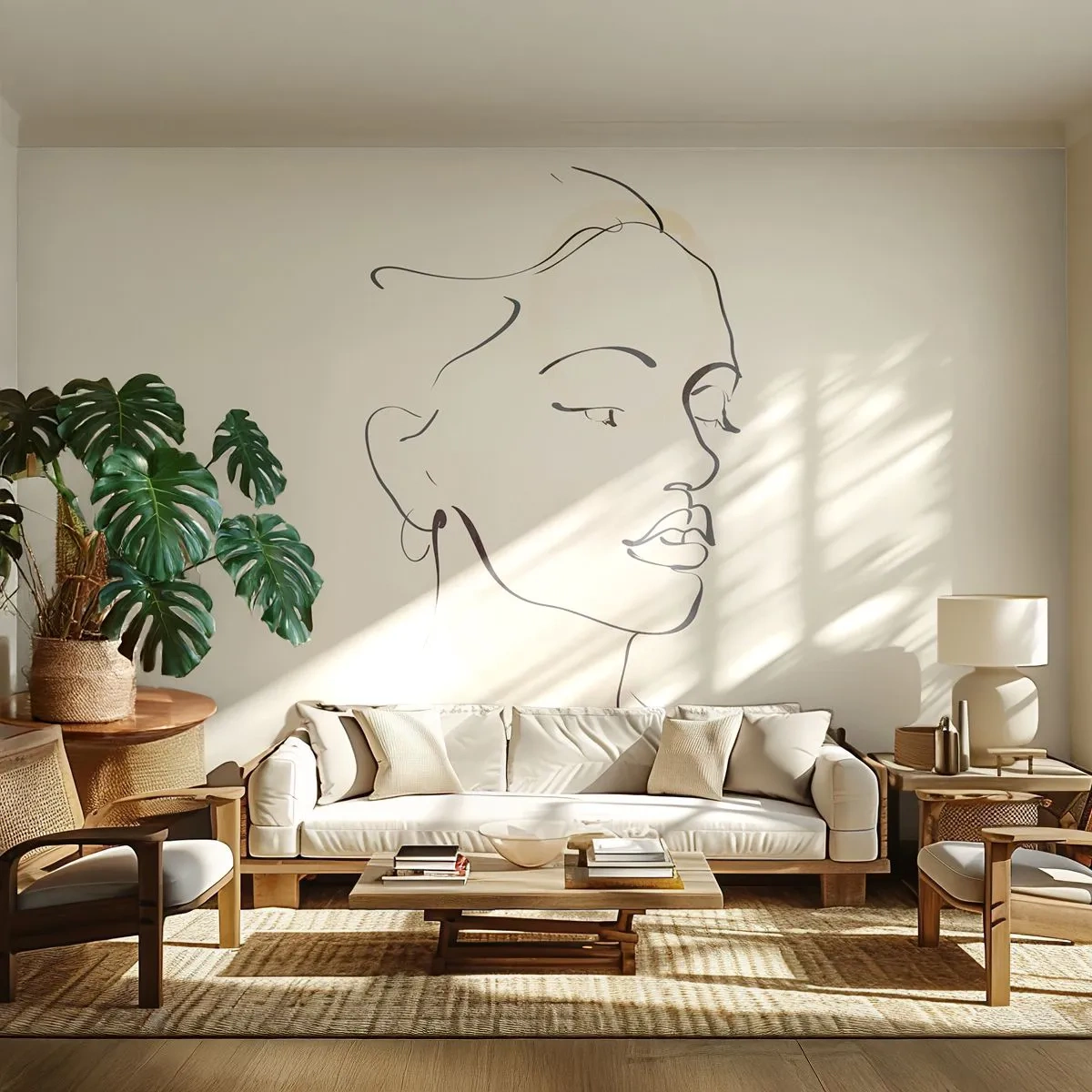 Fotomurali Premium Sand - Un sottile ritratto di una donna realizzato con uno schizzo lineare - 100x70cm - Linea sicura - Decorazione murale moderna per soggiorno e camera da letto ARTTOR