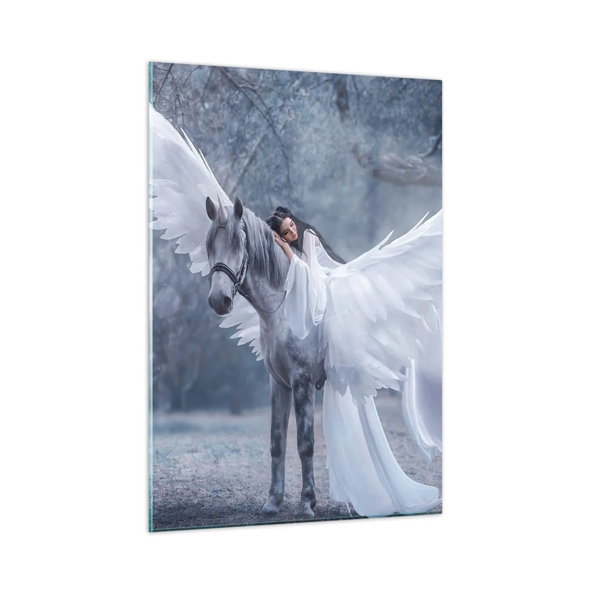 Quadro su vetro - Pegaso con ali bianche e una donna in abito in una foresta mistica - 50x70cm - Momento ispirato - Decorazione murale moderna per soggiorno e camera da letto ARTTOR
