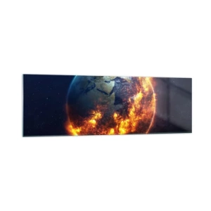 Quadro su vetro - Il pianeta Terra in fiamme nello spazio - 160x50cm - Le fiamme dell'apocalisse - Decorazione murale moderna per soggiorno e camera da letto ARTTOR