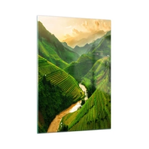 Quadro su vetro - Pittoresche terrazze di riso nella valle al tramonto - 50x70cm - Valle del Vietnam - Decorazione murale moderna per soggiorno e camera da letto ARTTOR