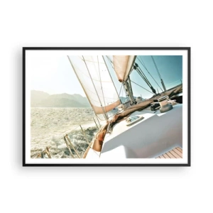 Poster in cornice nera - Uno yacht in mare aperto con vista sulle montagne - 100x70cm - A vele spiegate - Decorazione murale moderna per soggiorno e camera da letto ARTTOR