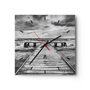 Orologio da parete - Orologio in Vetro - Una vista in bianco e nero di un molo di legno su un mare in tempesta. - 30x30cm - Aspetto che il vento le scacci via... - Decorazione murale moderna per soggiorno e camera da letto ARTTOR