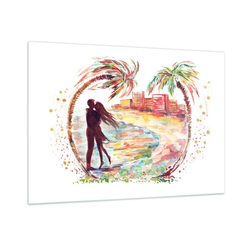 Quadro su vetro - Coppia romantica in un ambiente tropicale con palme - 100x70cm - Vacanze romantiche - Decorazione murale moderna per soggiorno e camera da letto ARTTOR
