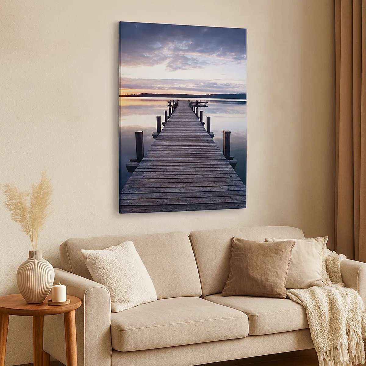 Quadro su tela - Stampe su Tela - Un molo su un lago al tramonto in un paesaggio tranquillo - 50x70cm - Il silenzioso confine del giorno e della notte - Decorazione murale moderna per soggiorno e camera da letto ARTTOR
