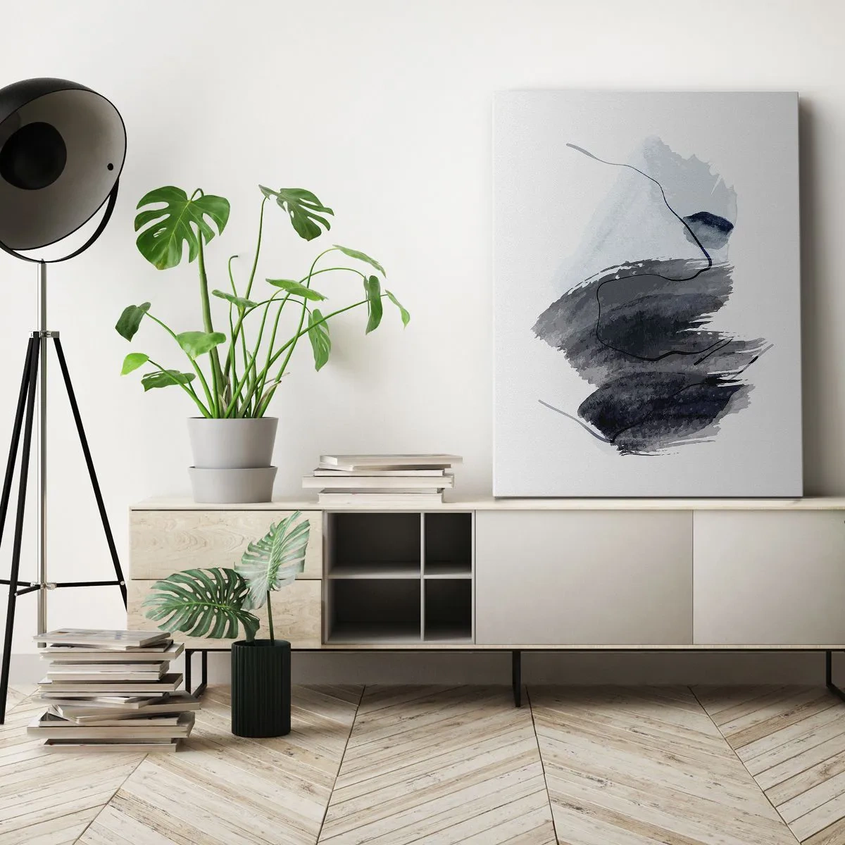 Quadro su tela - Stampe su Tela - Composizione astratta nei toni del grigio e del blu - 50x70cm - Intensità e movimento - Decorazione murale moderna per soggiorno e camera da letto ARTTOR