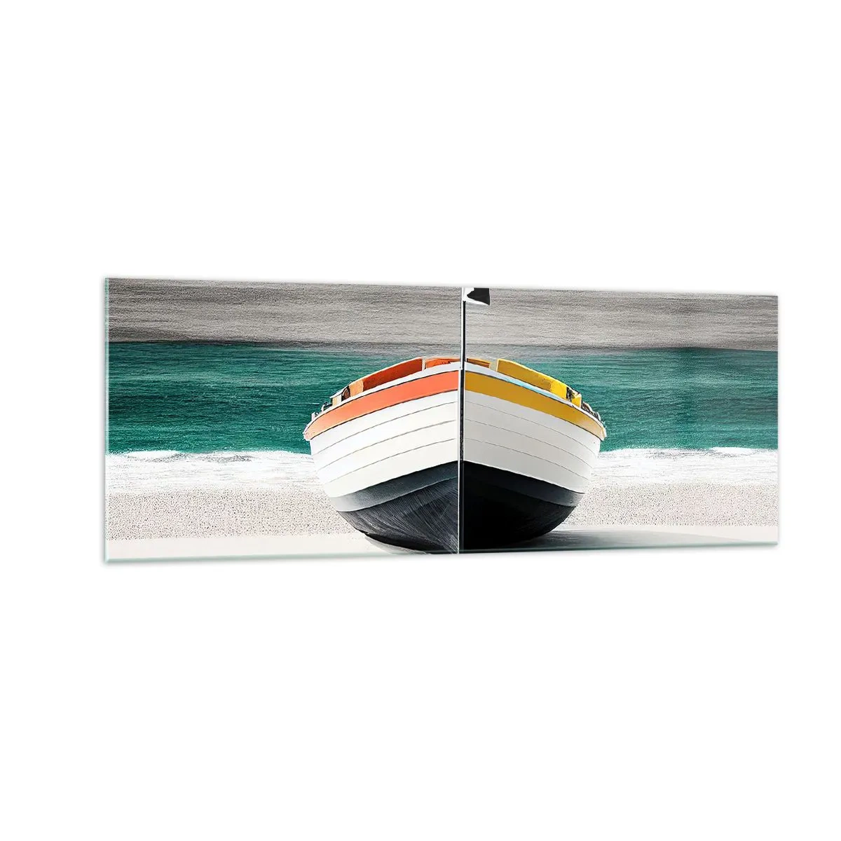 Quadro su vetro - Una barca sulla spiaggia con un mare turchese sullo sfondo - 140x50cm - Al suo posto - Decorazione murale moderna per soggiorno e camera da letto ARTTOR