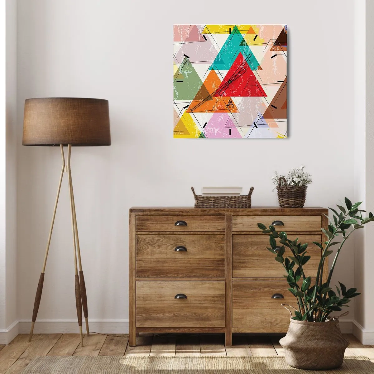 Orologio da parete - Orologio in Vetro - Astrazione colorata con triangoli geometrici - 30x30cm - Tre alla volta - Decorazione murale moderna per soggiorno e camera da letto ARTTOR