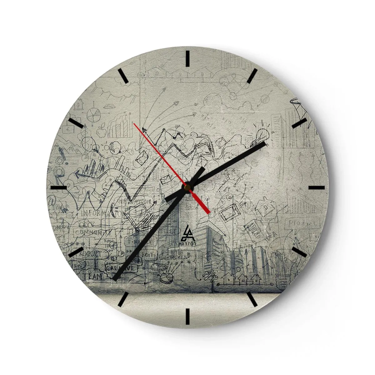 Orologio da parete - Orologio in Vetro - Schizzo concettuale con temi aziendali su sfondo chiaro - 30x30cm - La mia fantastica vita in città - Decorazione murale moderna per soggiorno, cucina e camera da letto ARTTOR