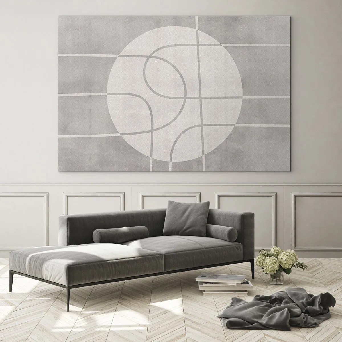 Quadro su vetro - Linee e cerchi beige che creano una composizione geometrica - 70x50cm - Tondo e dritto - Decorazione murale moderna per soggiorno e camera da letto ARTTOR