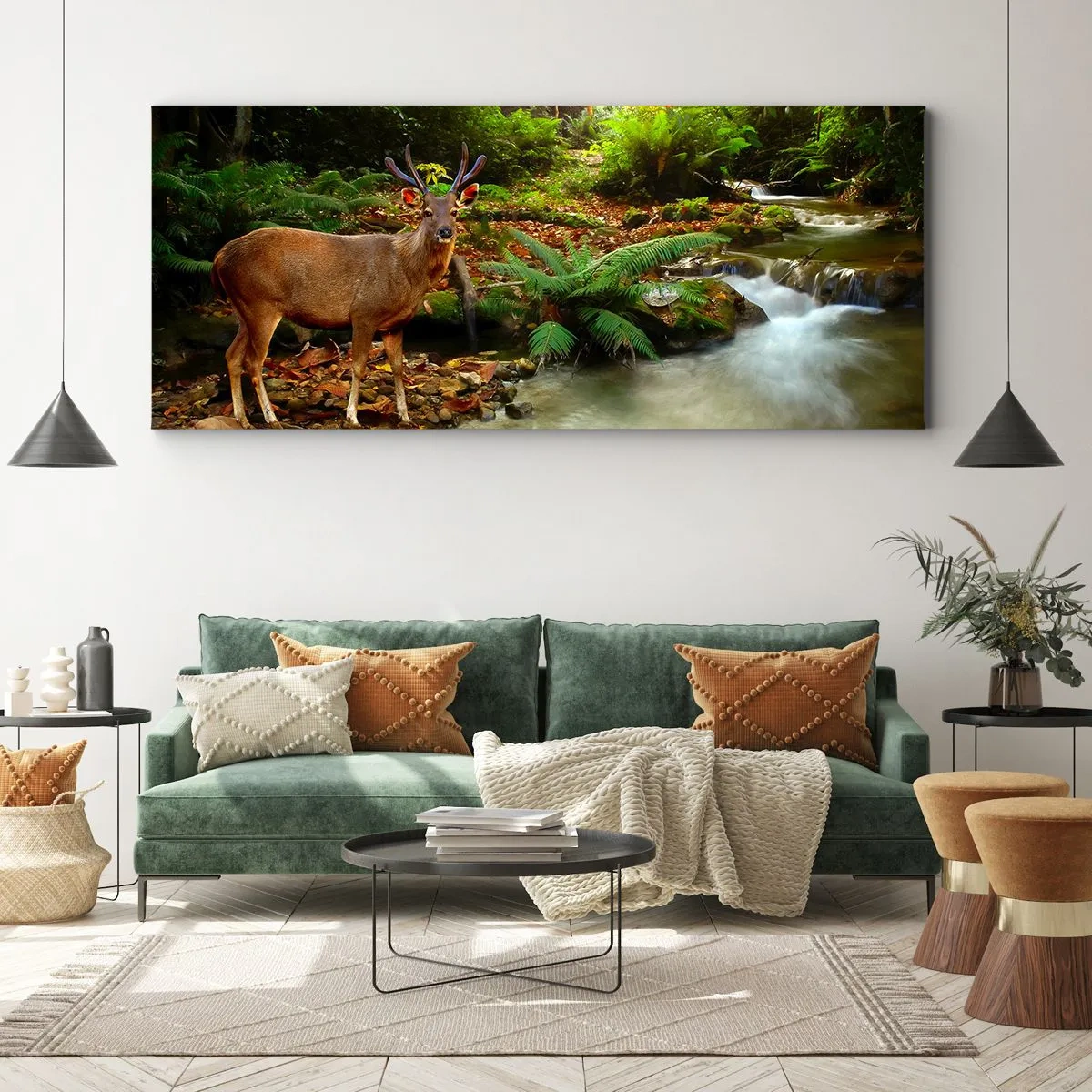 Quadro su tela - Stampe su Tela - Un cervo vicino a un ruscello circondato dal verde della foresta - 160x50cm - Benvenuto nel mio mondo - Decorazione murale moderna per soggiorno e camera da letto ARTTOR