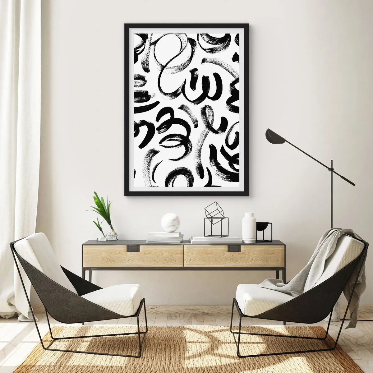 Poster in cornice nera - Pennellate nere astratte su sfondo bianco - 50x70cm - Nero su bianco - Decorazione murale moderna per soggiorno e camera da letto ARTTOR