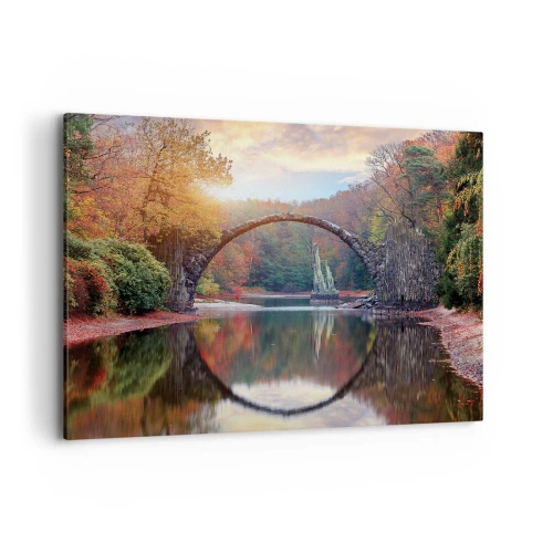 Quadro su tela - Stampe su Tela - Un ponte di pietra in uno scenario autunnale sopra acque calme - 100x70cm - Dall'altro lato dello specchio - Decorazione murale moderna per soggiorno e camera da letto ARTTOR