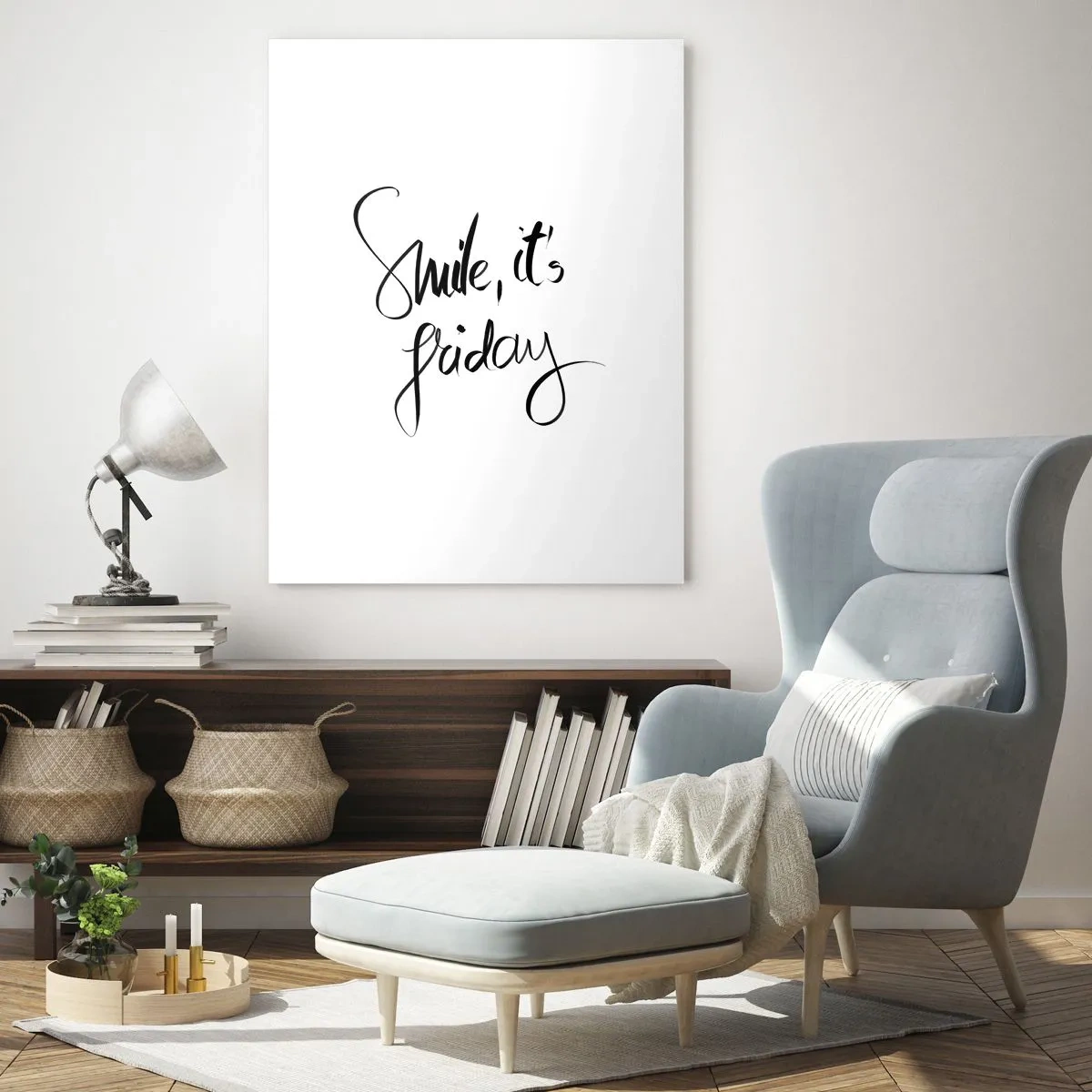 Quadro su vetro - Citazione "Sorridi, è venerdì" in calligrafia - 50x70cm - Vera gioia - Decorazione murale moderna per soggiorno e camera da letto ARTTOR