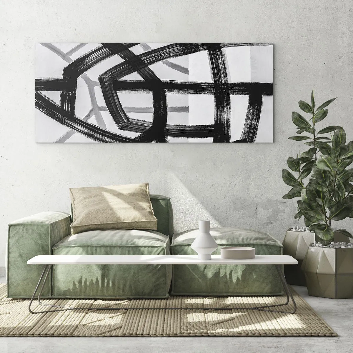 Quadro su vetro - Linee astratte in bianco e nero che si intersecano su uno sfondo chiaro - 160x50cm - Costruendo la profondità - Decorazione murale moderna per soggiorno e camera da letto ARTTOR