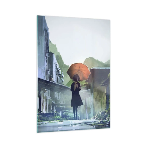 Quadro su vetro - Una figura con un ombrello arancione su una strada piovosa - 50x70cm - Pioggia vivificante - Decorazione murale moderna per soggiorno e camera da letto ARTTOR