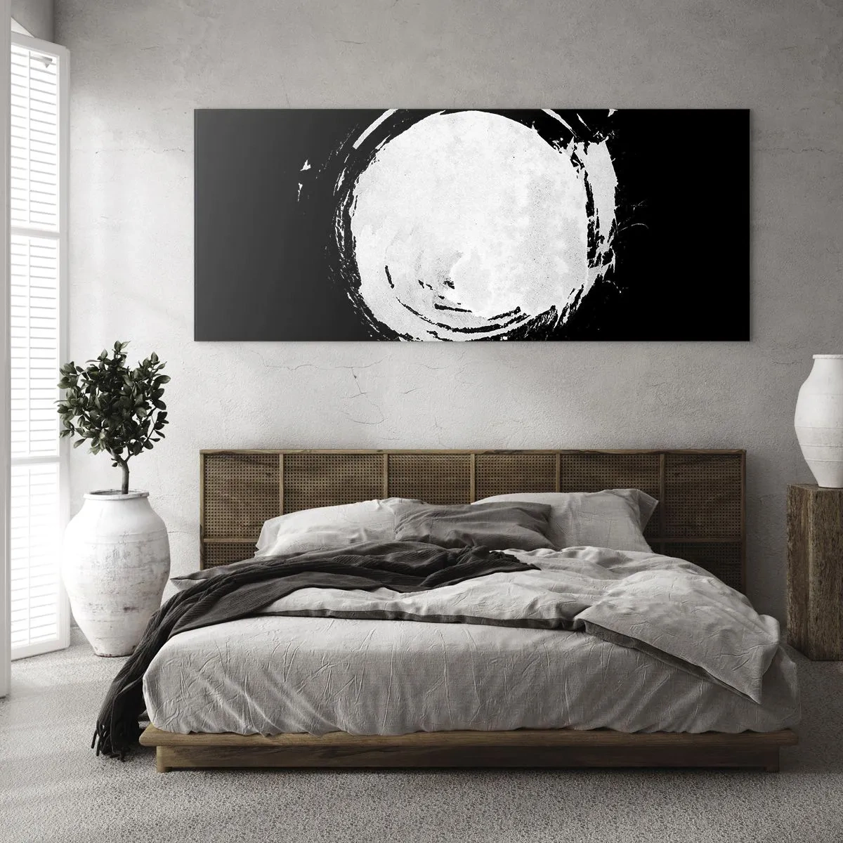 Quadro su vetro - Un cerchio bianco su sfondo nero in stile minimalista. - 160x50cm - Una buona soluzione - Decorazione murale moderna per soggiorno e camera da letto ARTTOR