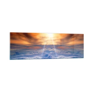Quadro su vetro - Tramonto sopra le nuvole, il cielo pieno di colori dorati e di luce. - 160x50cm - Paesaggio mistico - Decorazione murale moderna per soggiorno e camera da letto ARTTOR