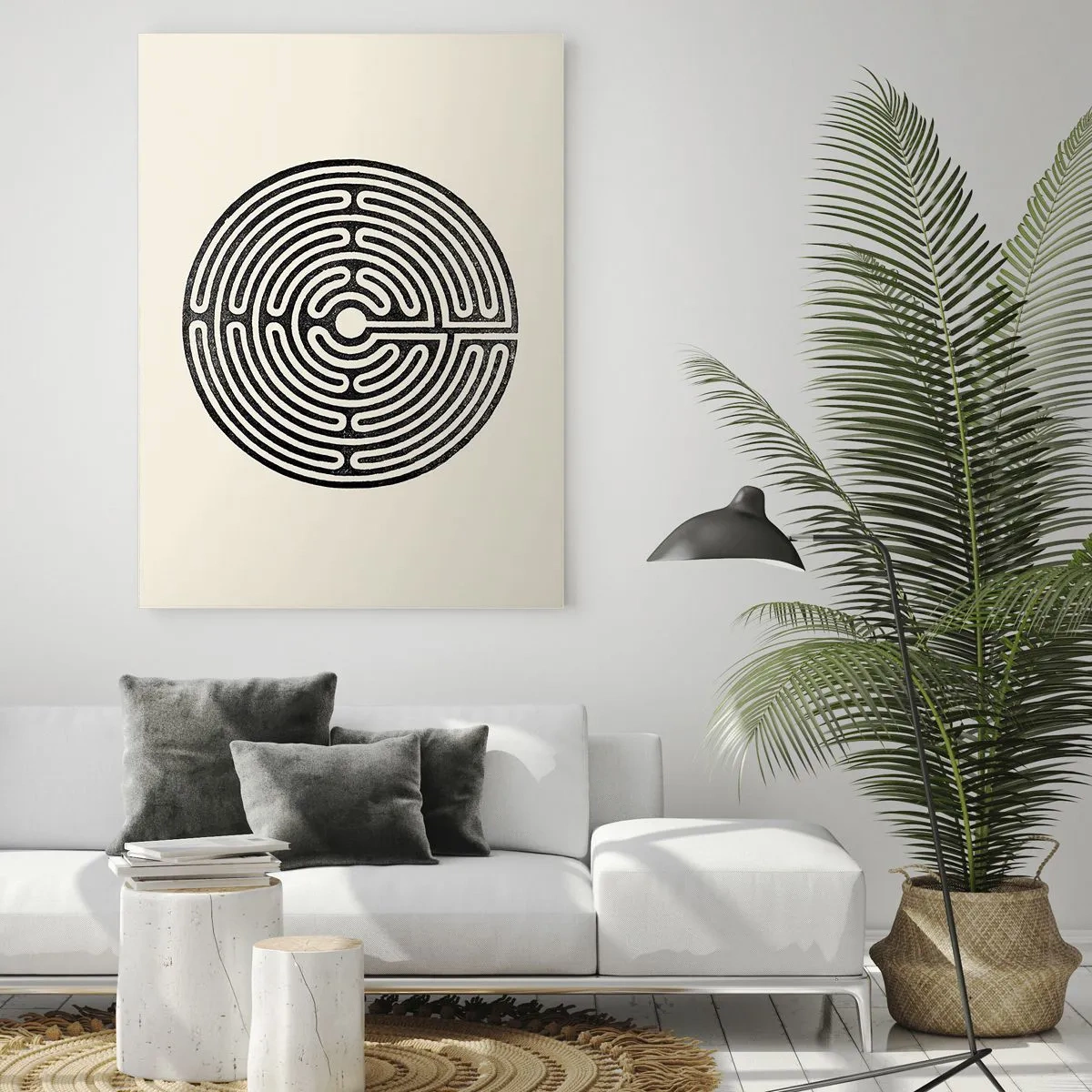 Quadro su vetro - Labirinto circolare bianco e nero su sfondo chiaro - 80x120cm - Ordine misterioso - Decorazione murale moderna per soggiorno e camera da letto ARTTOR