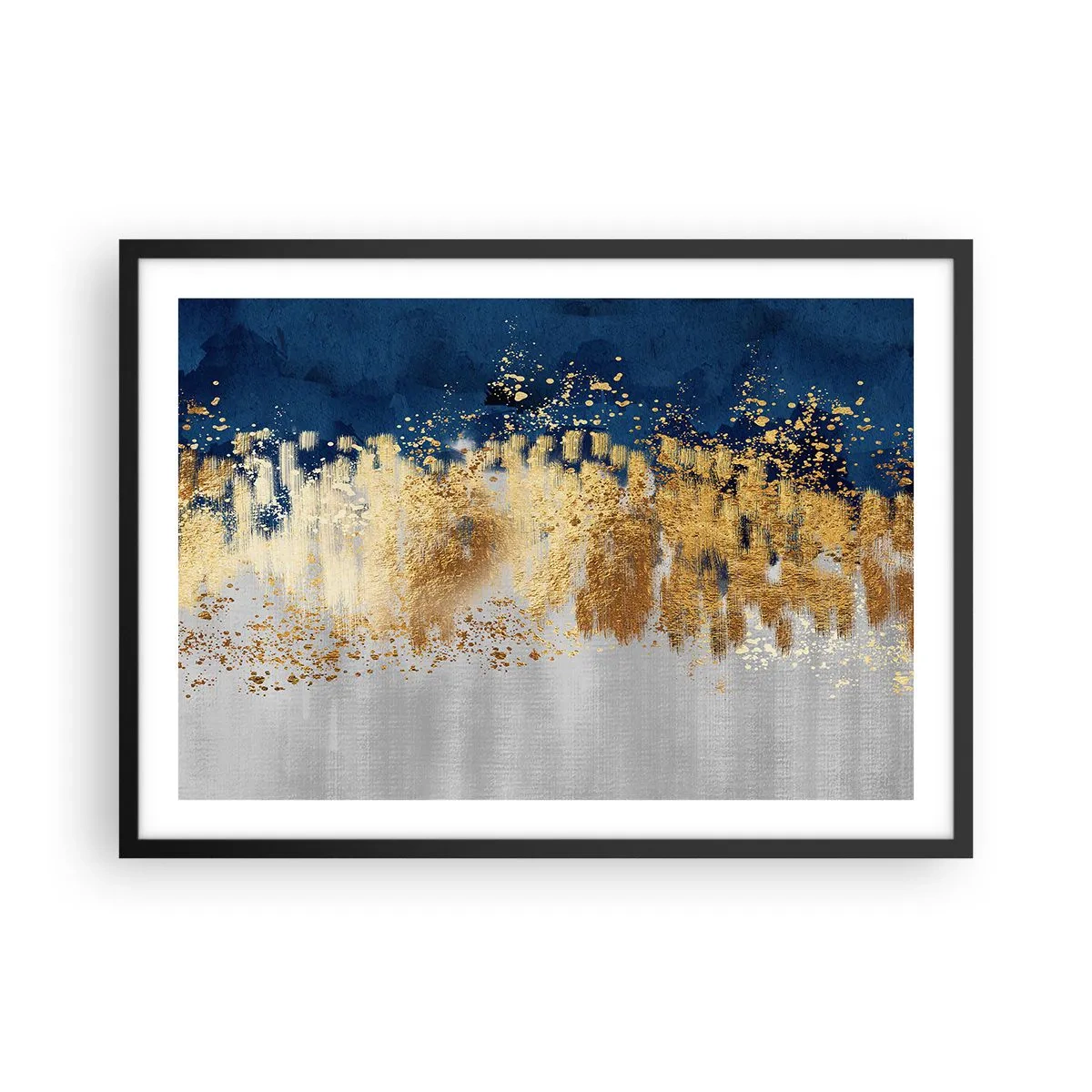 Poster in cornice nera - Una composizione astratta nei toni dell'oro e del blu navy. - 70x50cm - Composizione moderna con bagliore - Decorazione murale moderna per soggiorno e camera da letto ARTTOR
