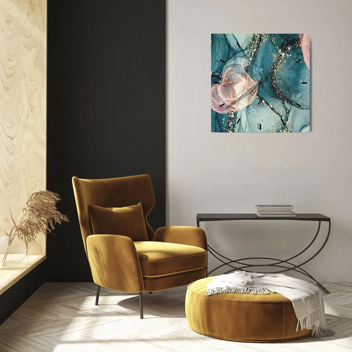 Orologio da parete - Orologio in Vetro - Una composizione astratta nei toni del turchese e dell'oro. - 30x30cm - Blu di seta, rosa di tulle - Decorazione murale moderna per soggiorno e camera da letto ARTTOR