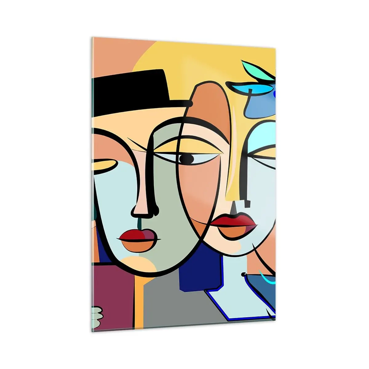 Quadro su vetro - Volti colorati in stile cubista con fiori - 50x70cm - Appuntamento in stile Picasso - Decorazione murale moderna per soggiorno e camera da letto ARTTOR