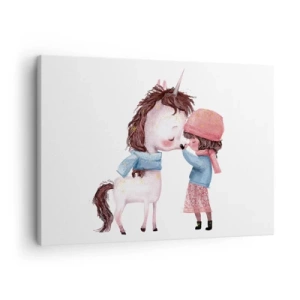 Quadro su tela - Stampe su Tela - Una ragazza e un unicorno in uno scenario invernale - 70x50cm - Racconto d'inverno - Decorazione murale moderna per soggiorno e camera da letto ARTTOR
