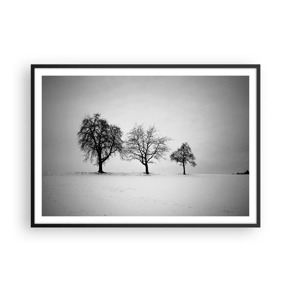 Poster in cornice nera - Tre alberi in un campo innevato in stile monocromatico - 100x70cm - Cosa sognano? - Decorazione murale moderna per soggiorno e camera da letto ARTTOR